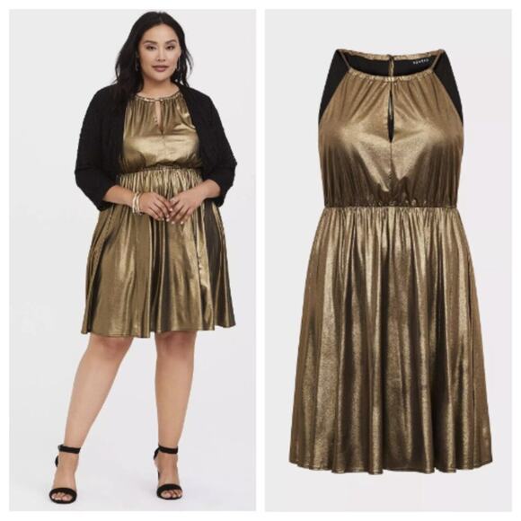 Torrid Women's Gold Shimmer Halter Skater Dress Gold Size 1X - Picture 1 of 10